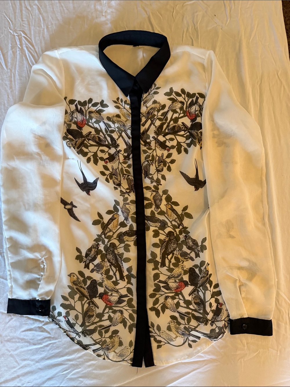Women's Sheer Bird and Branch Print Button-Down Blouse with Black Contrast Trim